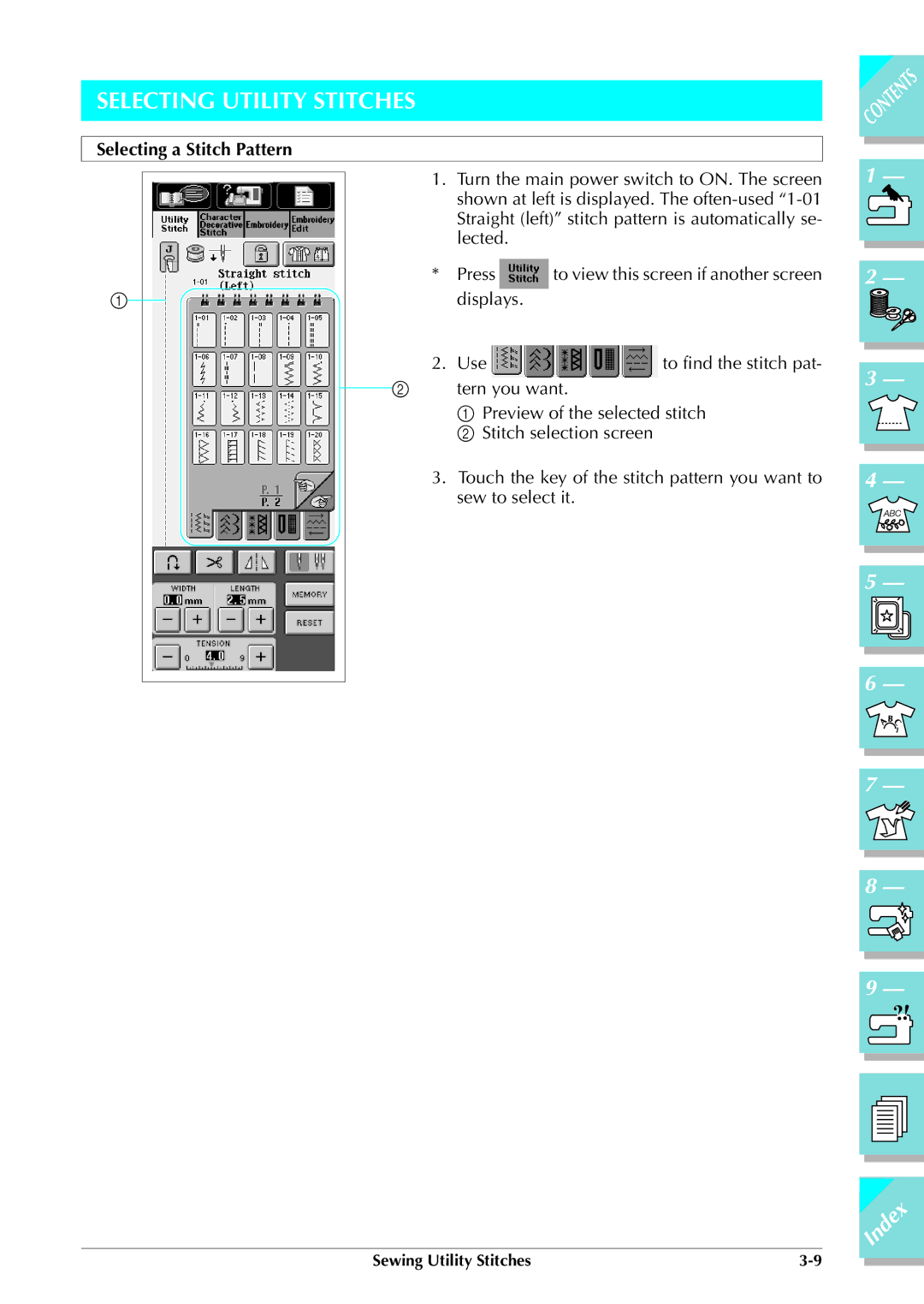 Brother ULT 2003D manual Selecting Utility Stitches, Selecting a Stitch Pattern 