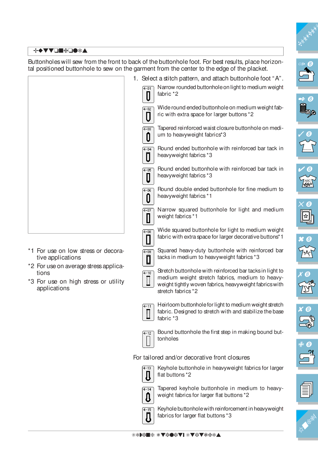 Brother ULT2001 operation manual Buttonholes, For tailored and/or decorative front closures 