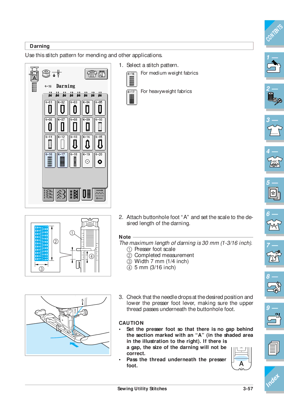 Brother ULT2001 operation manual Darning, Maximum length of darning is 30 mm 1-3/16 inch 