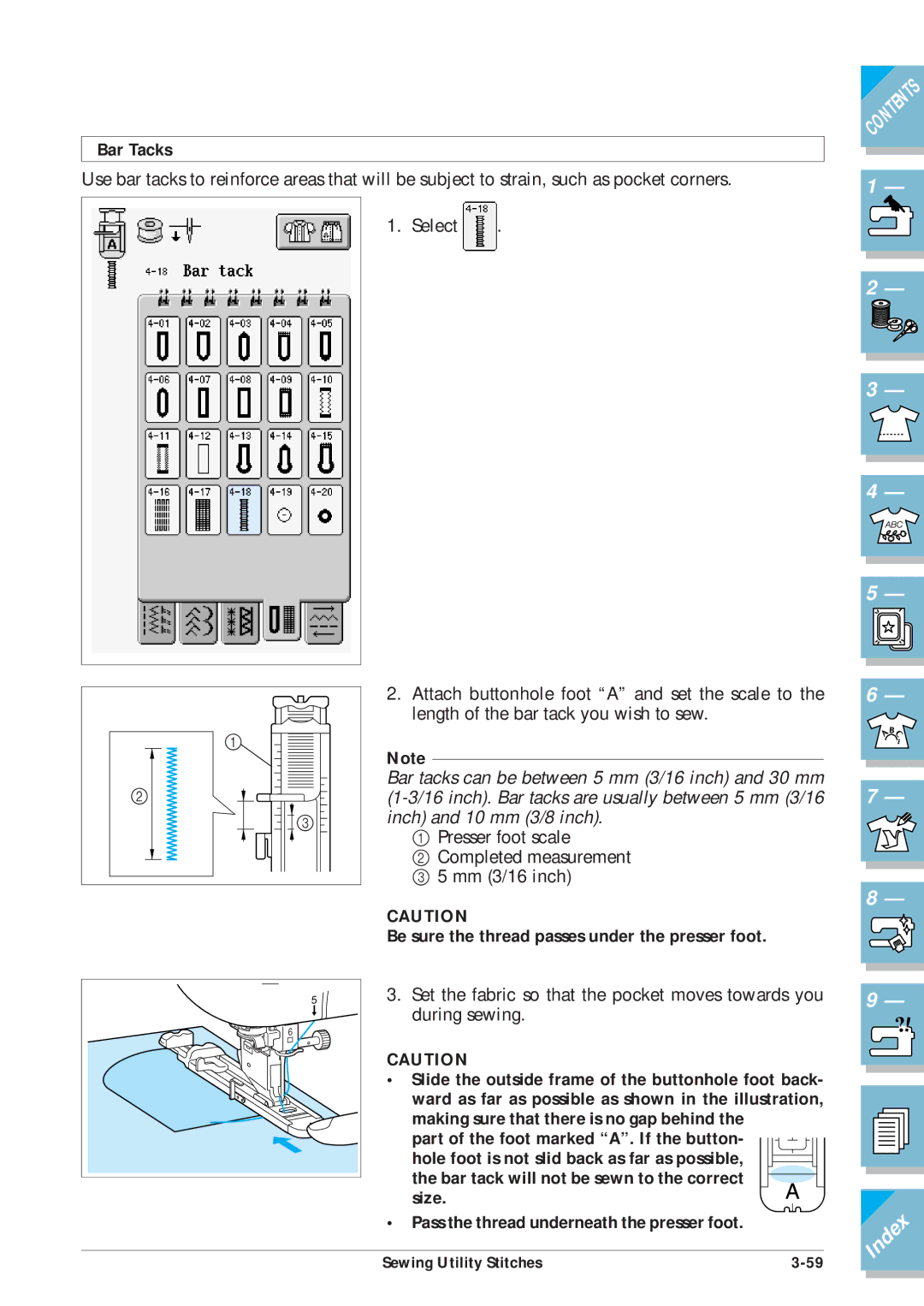 Brother ULT2001 Bar Tacks, Making sure that there is no gap behind, Part of the foot marked A. If the button, Size 