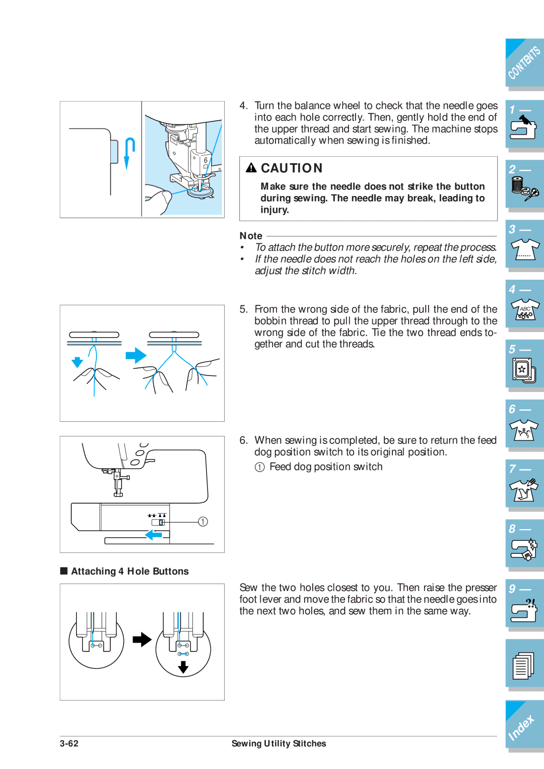 Brother ULT2001 operation manual Attaching 4 Hole Buttons 