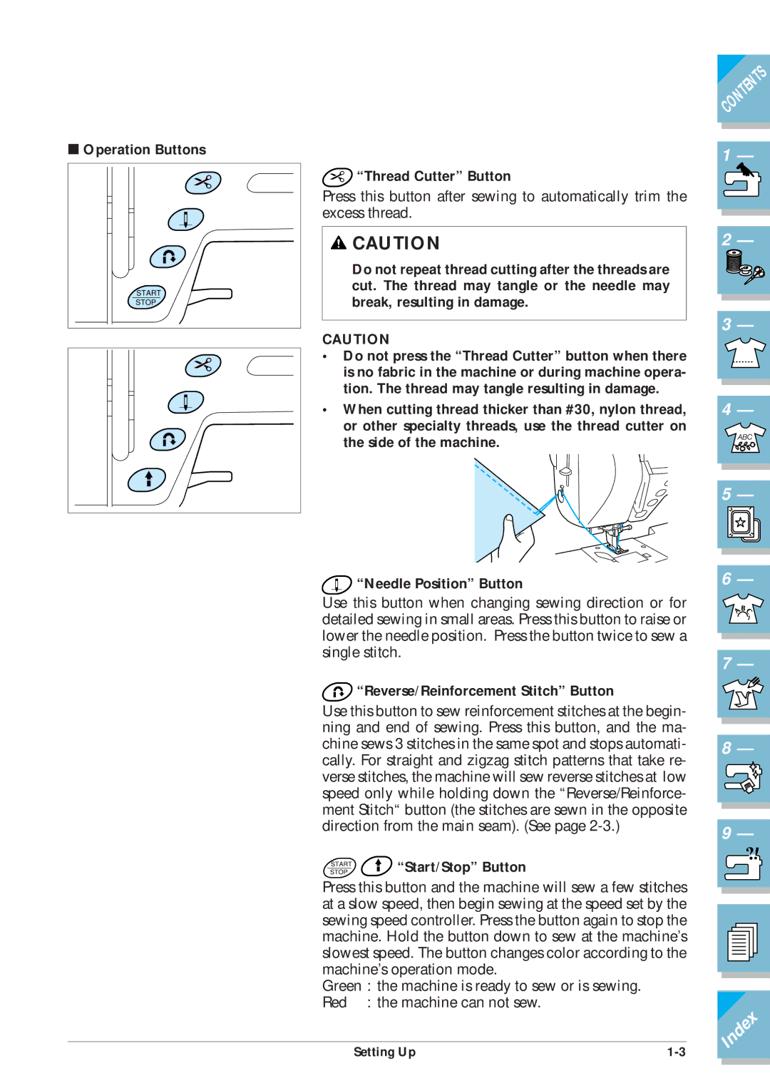 Brother ULT2001 Operation Buttons, Thread Cutter Button, Needle Position Button, Reverse/Reinforcement Stitch Button 