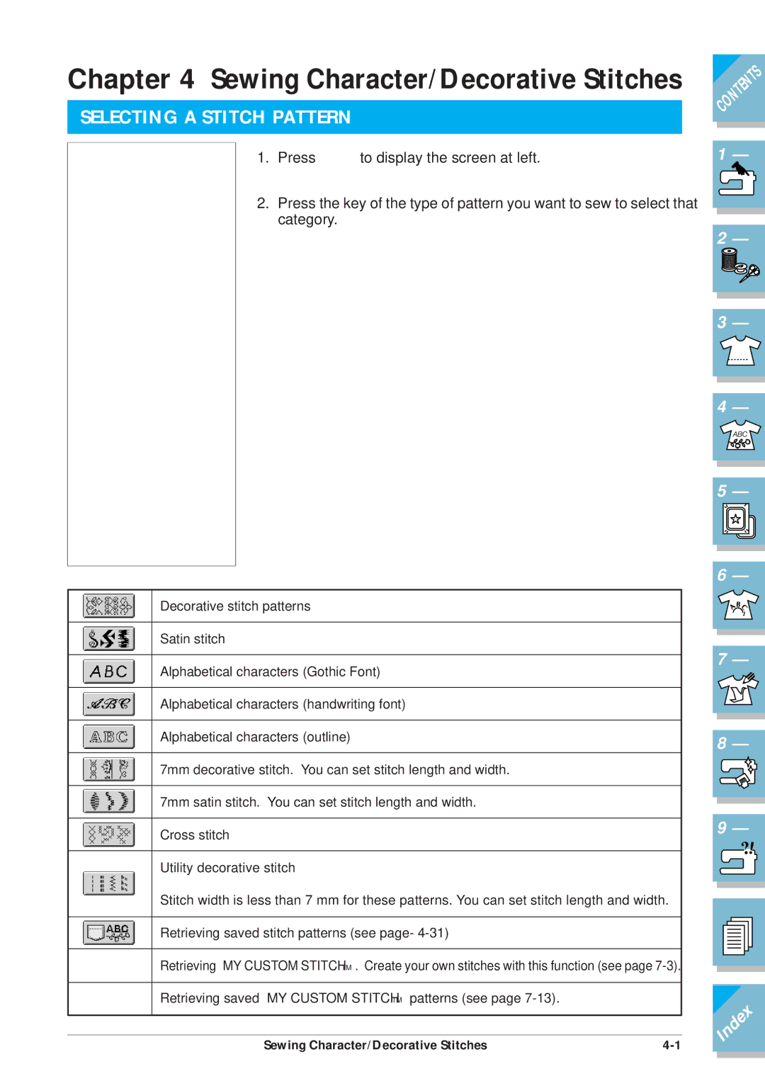 Brother ULT2001 operation manual Sewing Character/Decorative Stitches, Selecting a Stitch Pattern 