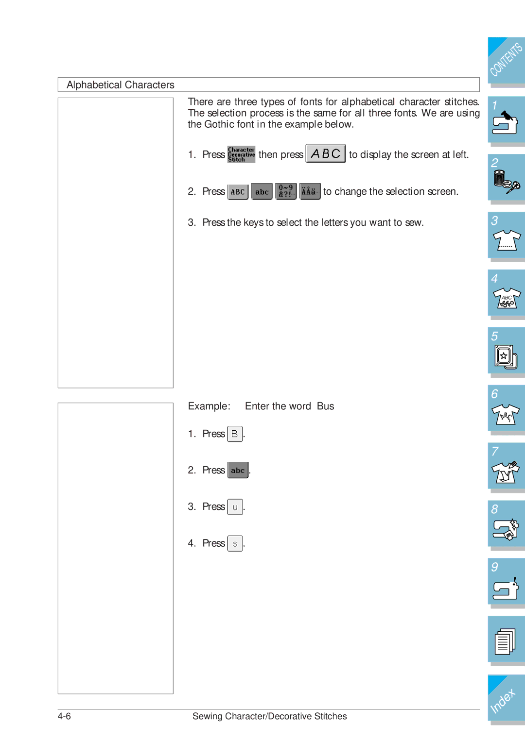 Brother ULT2001 operation manual Alphabetical Characters, Example Enter the word Bus 