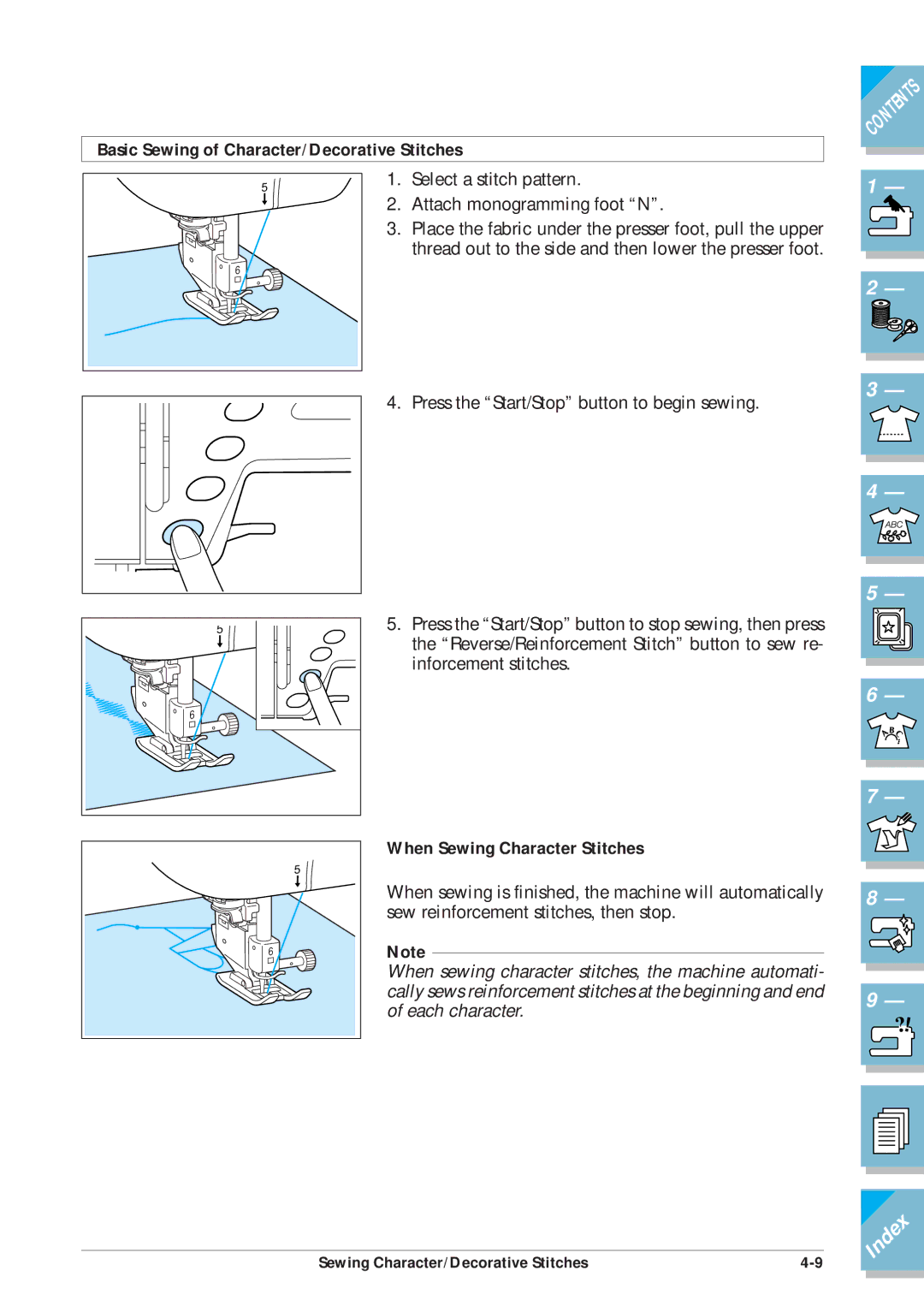 Brother ULT2001 operation manual Basic Sewing of Character/Decorative Stitches, When Sewing Character Stitches 