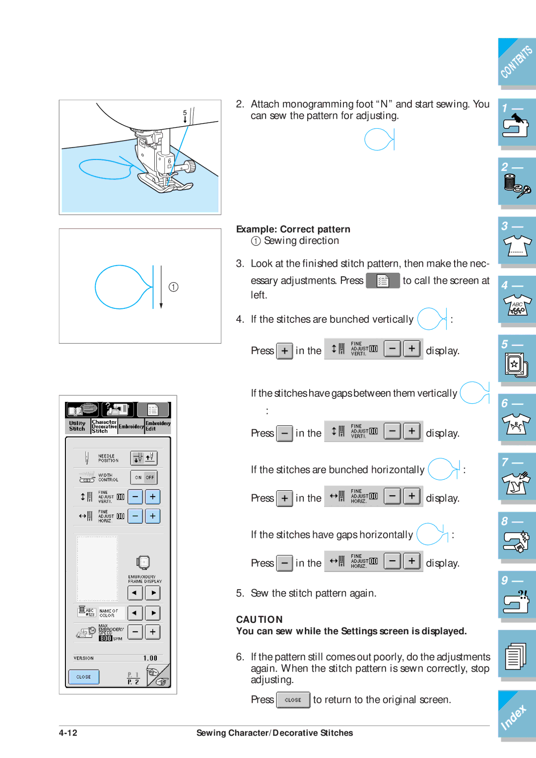 Brother ULT2001 operation manual Example Correct pattern, You can sew while the Settings screen is displayed 