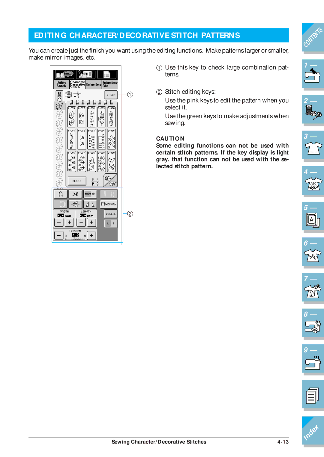 Brother ULT2001 operation manual Editing CHARACTER/DECORATIVE Stitch Patterns 