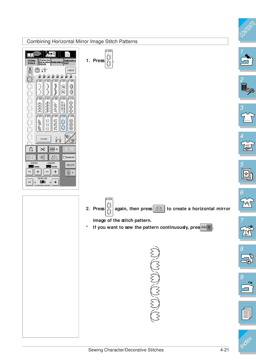 Brother ULT2001 operation manual Combining Horizontal Mirror Image Stitch Patterns 