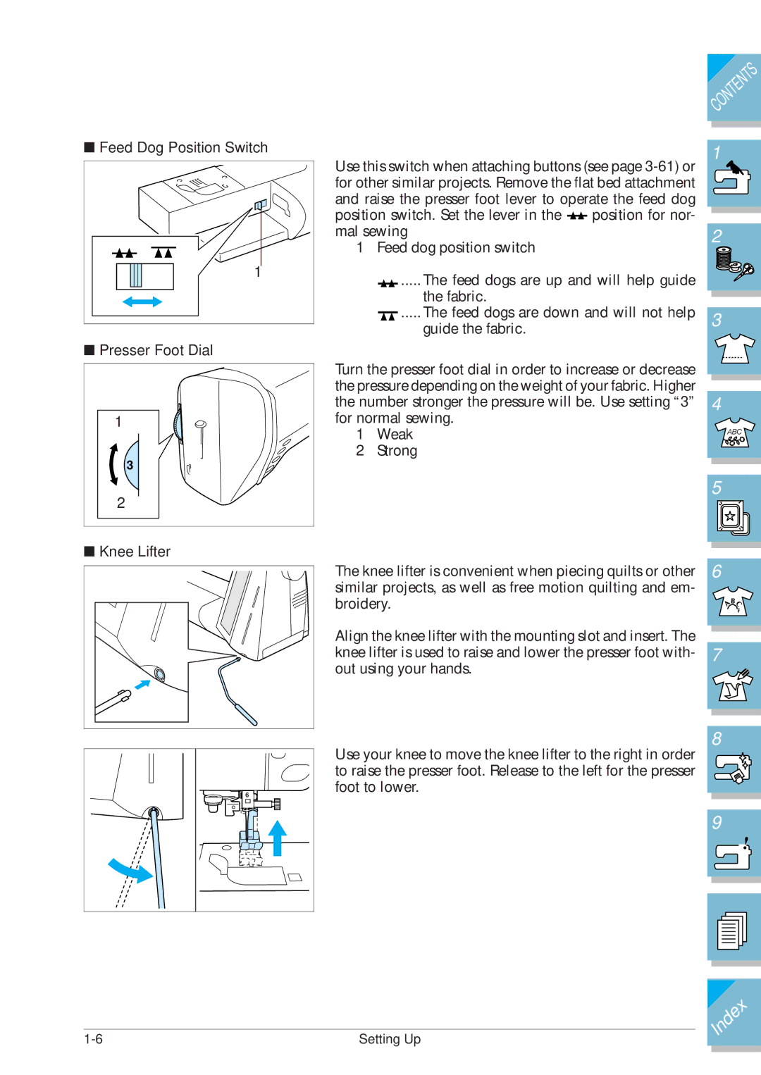 Brother ULT2001 operation manual Feed Dog Position Switch Presser Foot Dial 