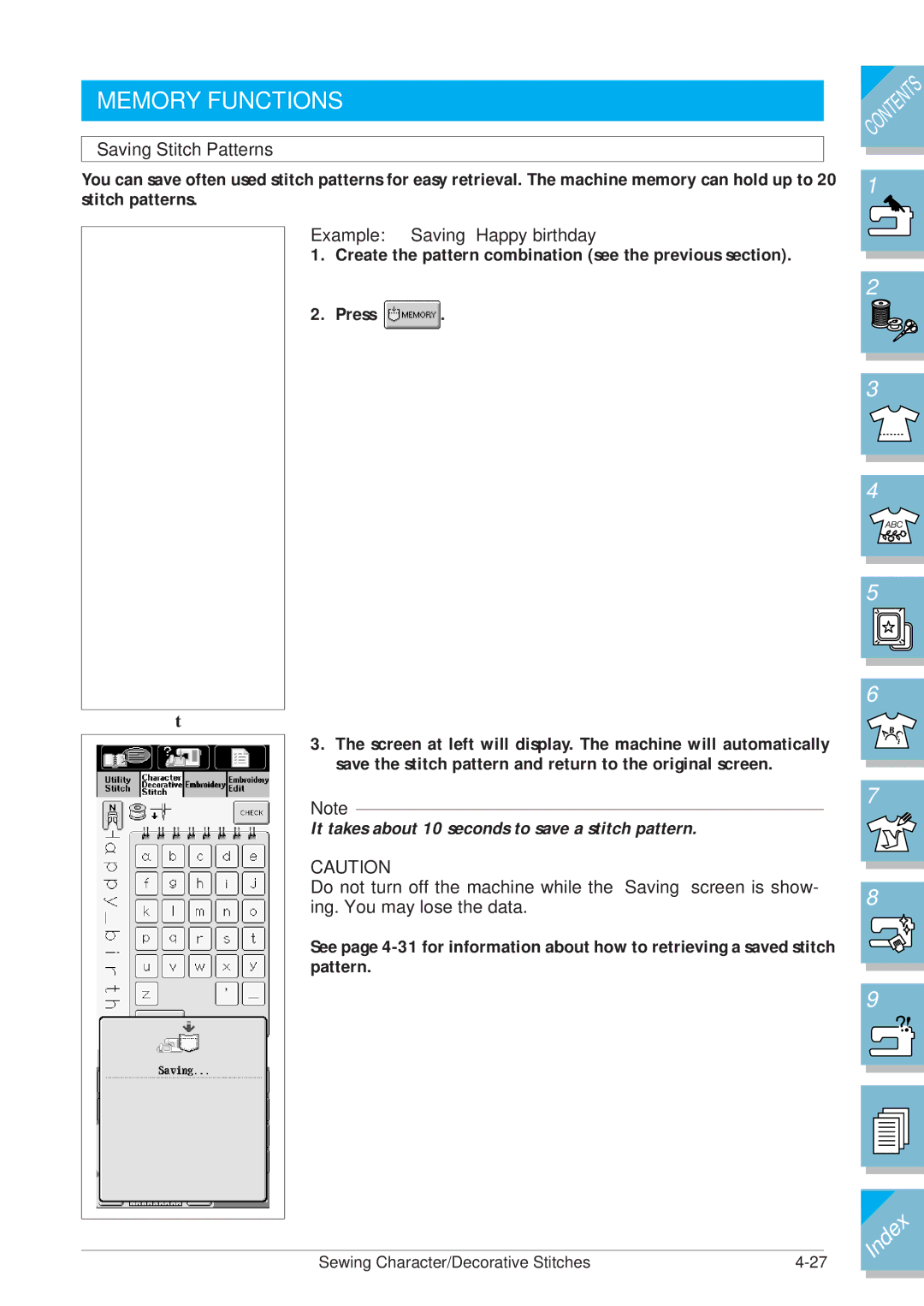 Brother ULT2001 operation manual Memory Functions, Saving Stitch Patterns, Example Saving Happy birthday 