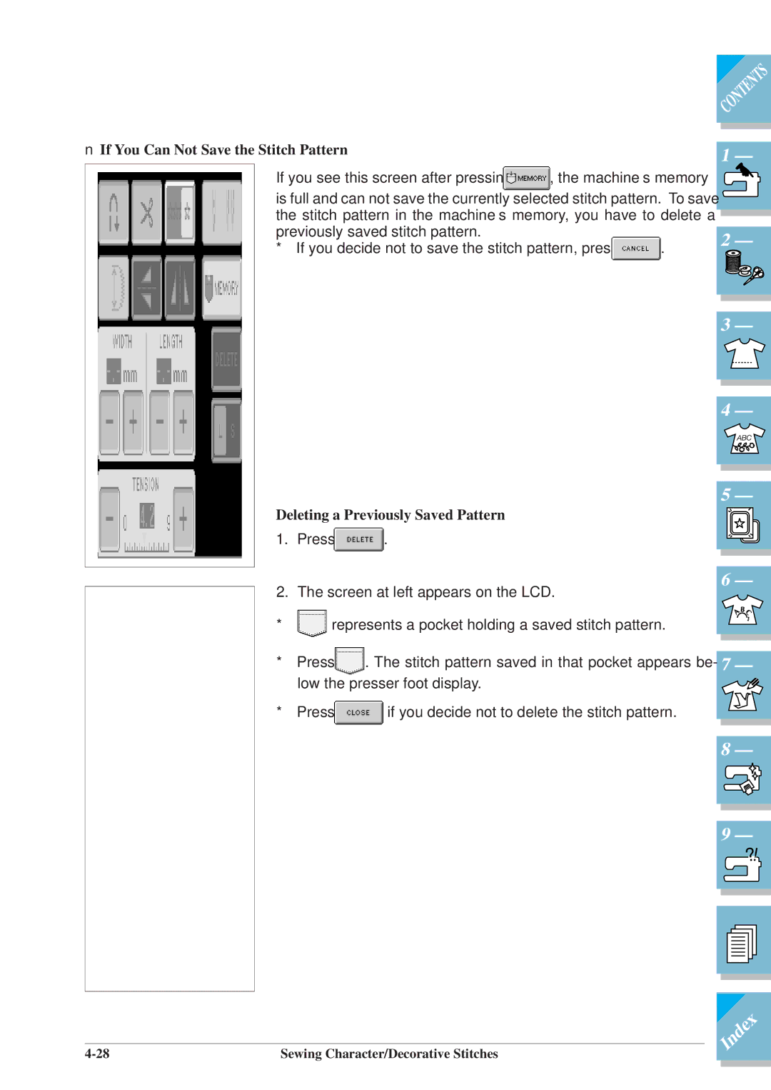 Brother ULT2001 operation manual If You Can Not Save the Stitch Pattern, Deleting a Previously Saved Pattern 