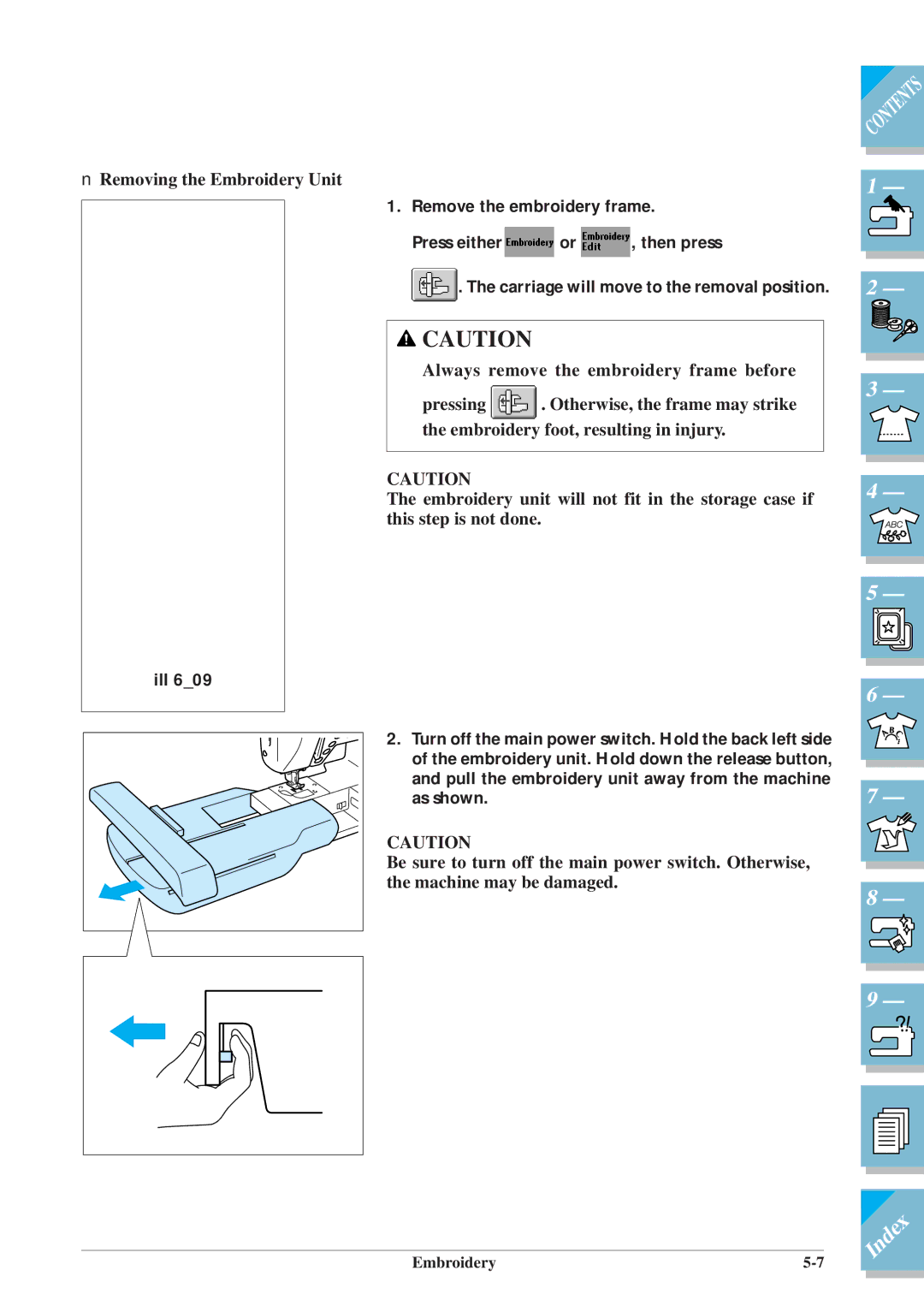 Brother ULT2001 operation manual Removing the Embroidery Unit 