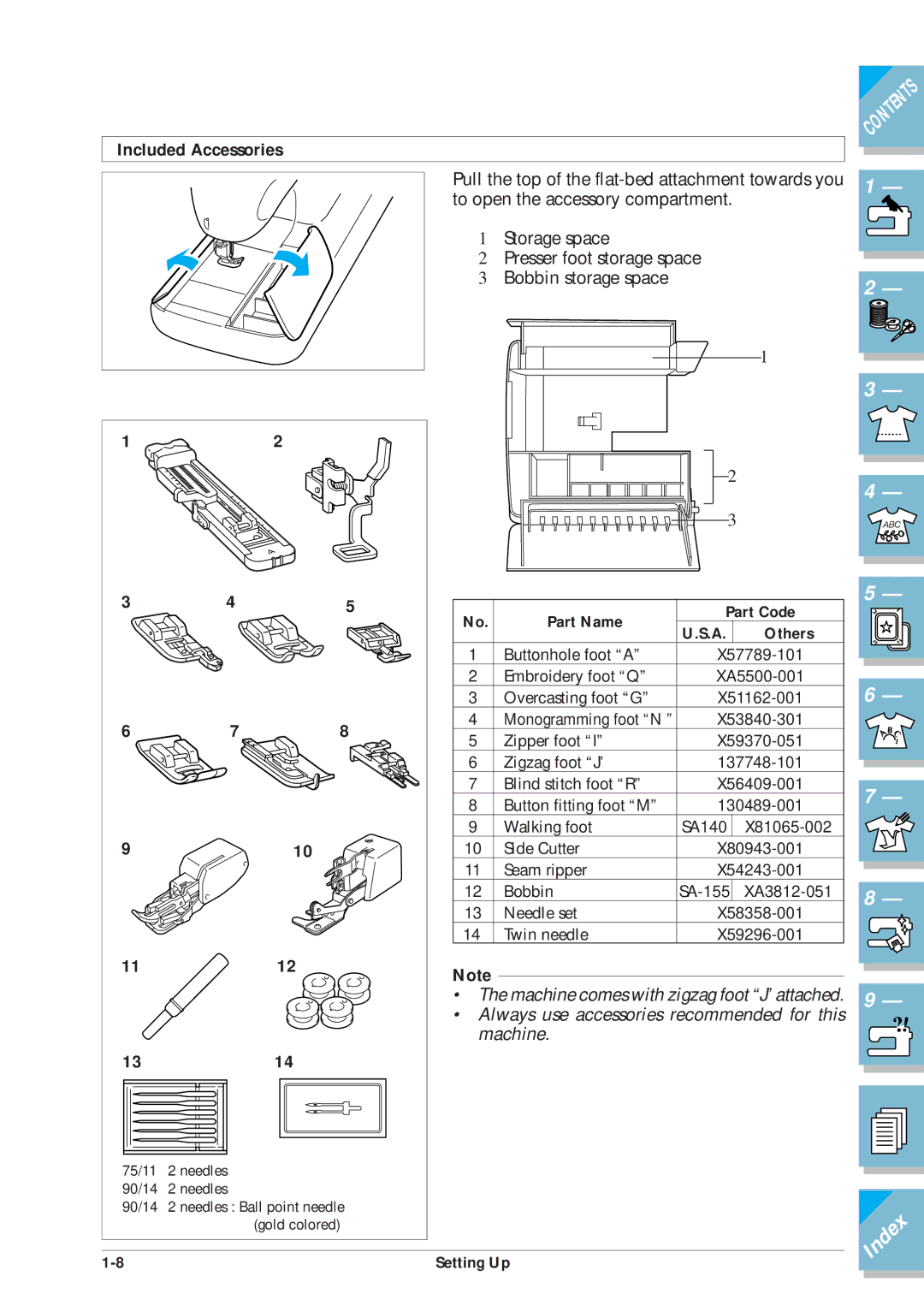 Brother ULT2001 operation manual Included Accessories, Part Name Part Code 