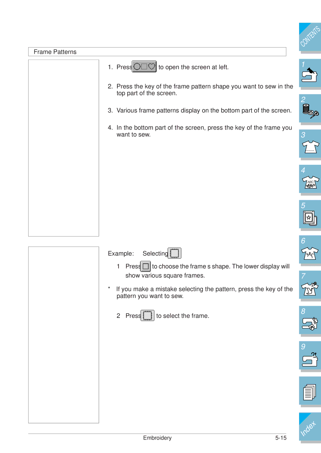 Brother ULT2001 operation manual Frame Patterns, Example Selecting 