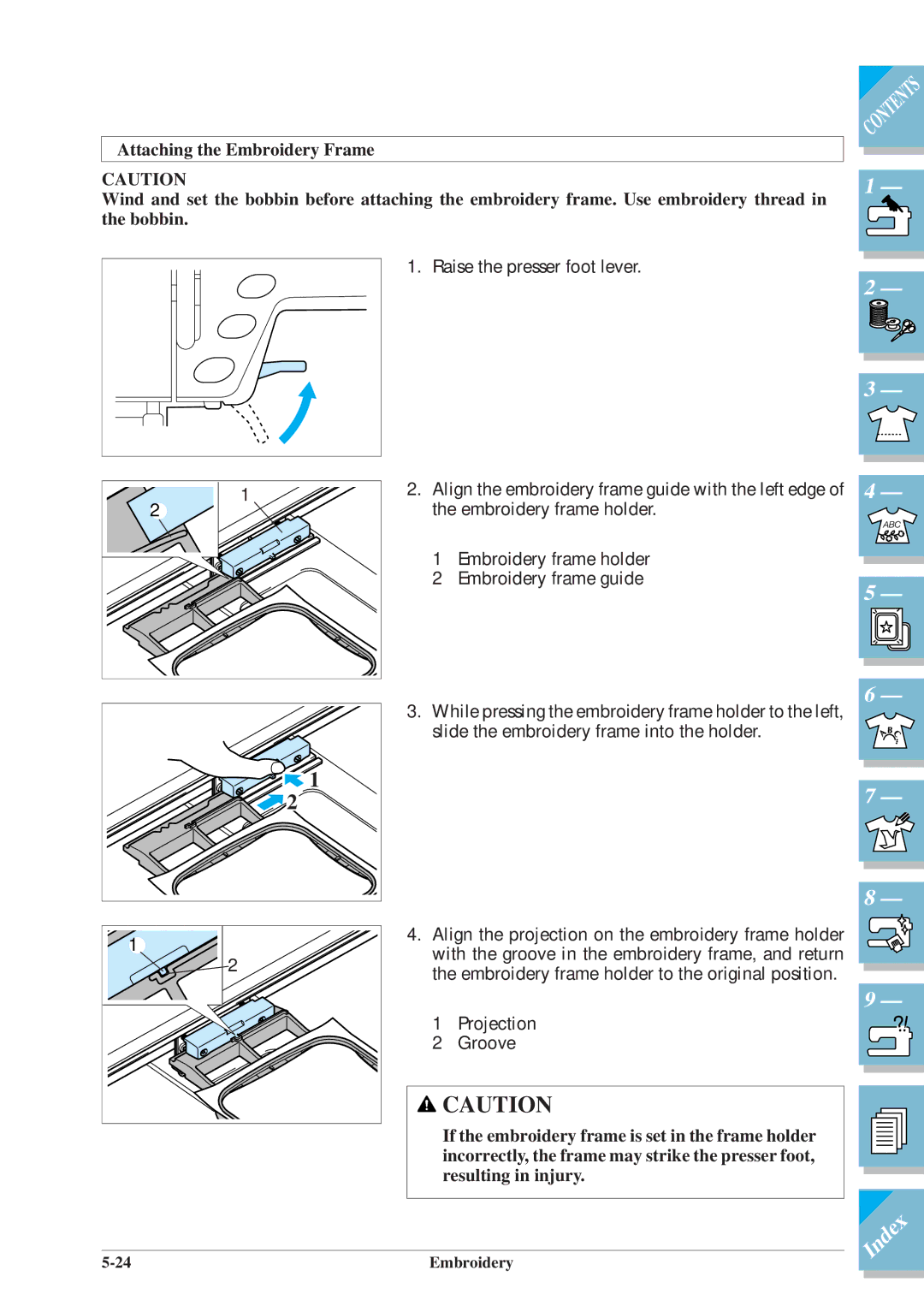 Brother ULT2001 operation manual Align the embroidery frame guide with the left edge 