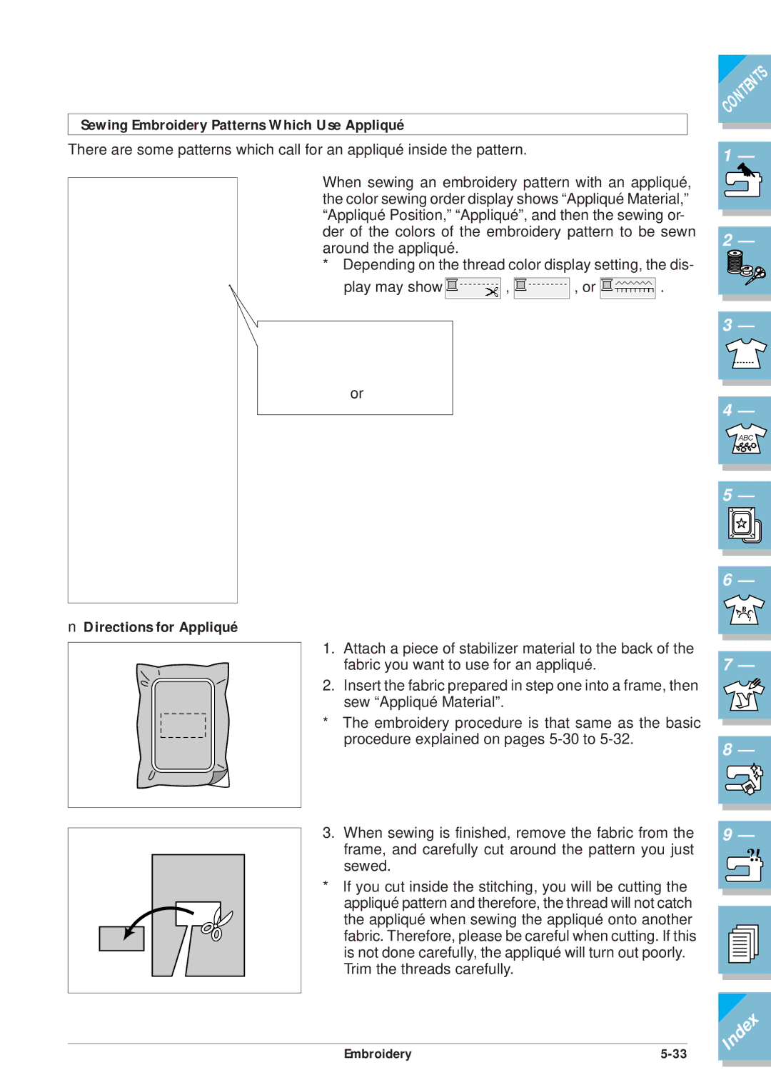 Brother ULT2001 operation manual Sewing Embroidery Patterns Which Use Appliqué, Directions for Appliqué 