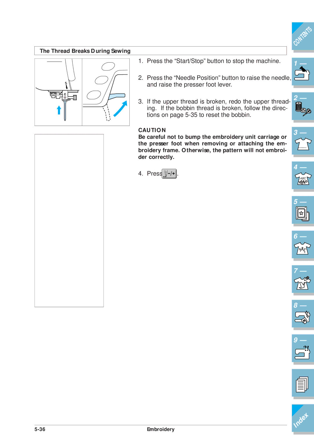 Brother ULT2001 operation manual Thread Breaks During Sewing, Presser foot when removing or attaching the em 