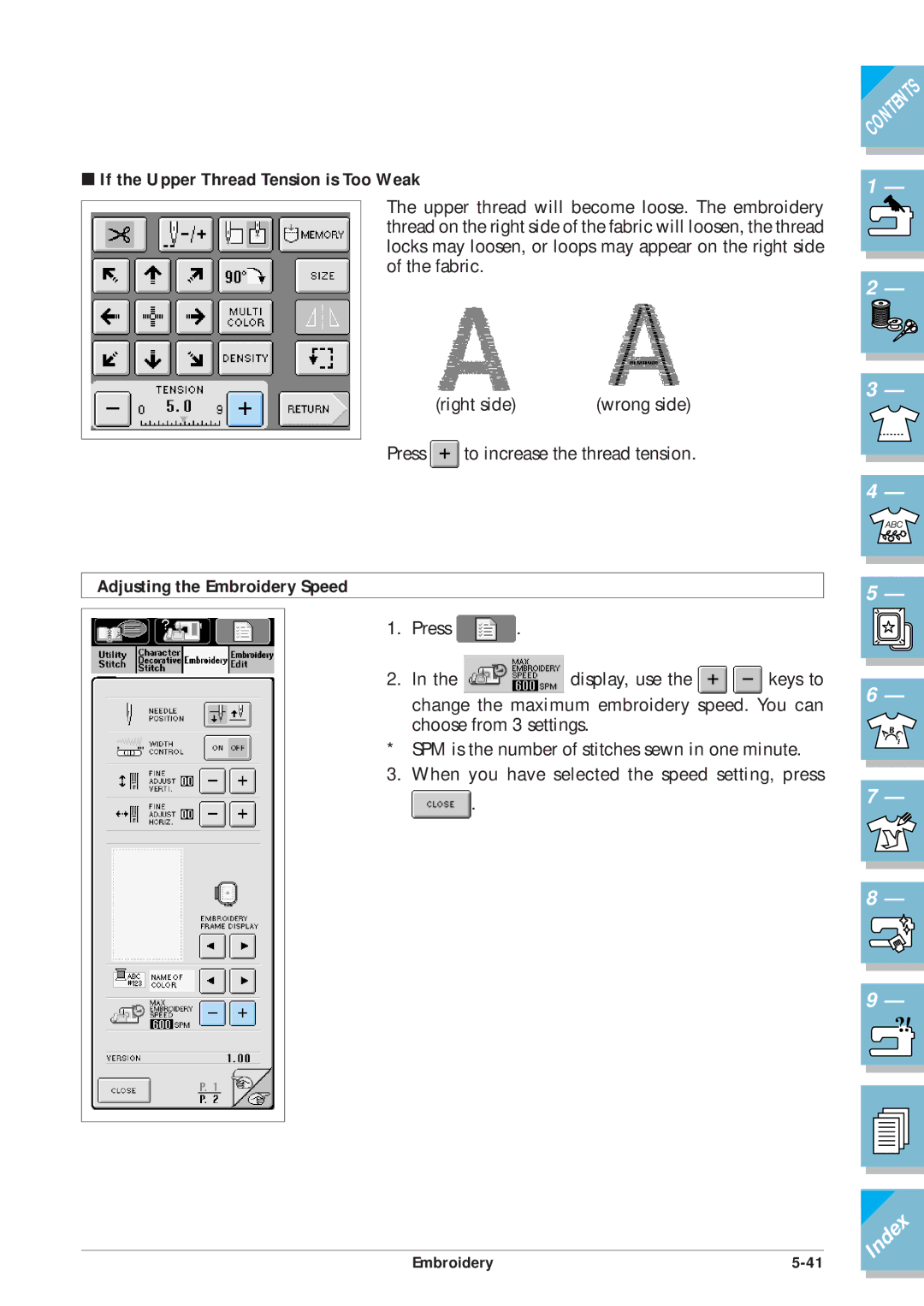 Brother ULT2001 operation manual If the Upper Thread Tension is Too Weak, Adjusting the Embroidery Speed 