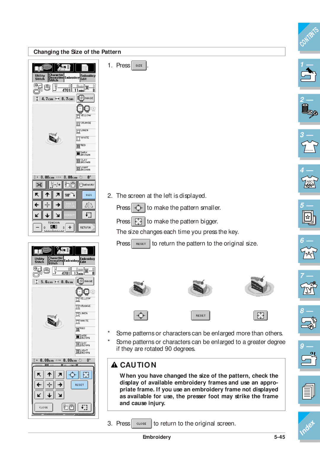 Brother ULT2001 operation manual Changing the Size of the Pattern 