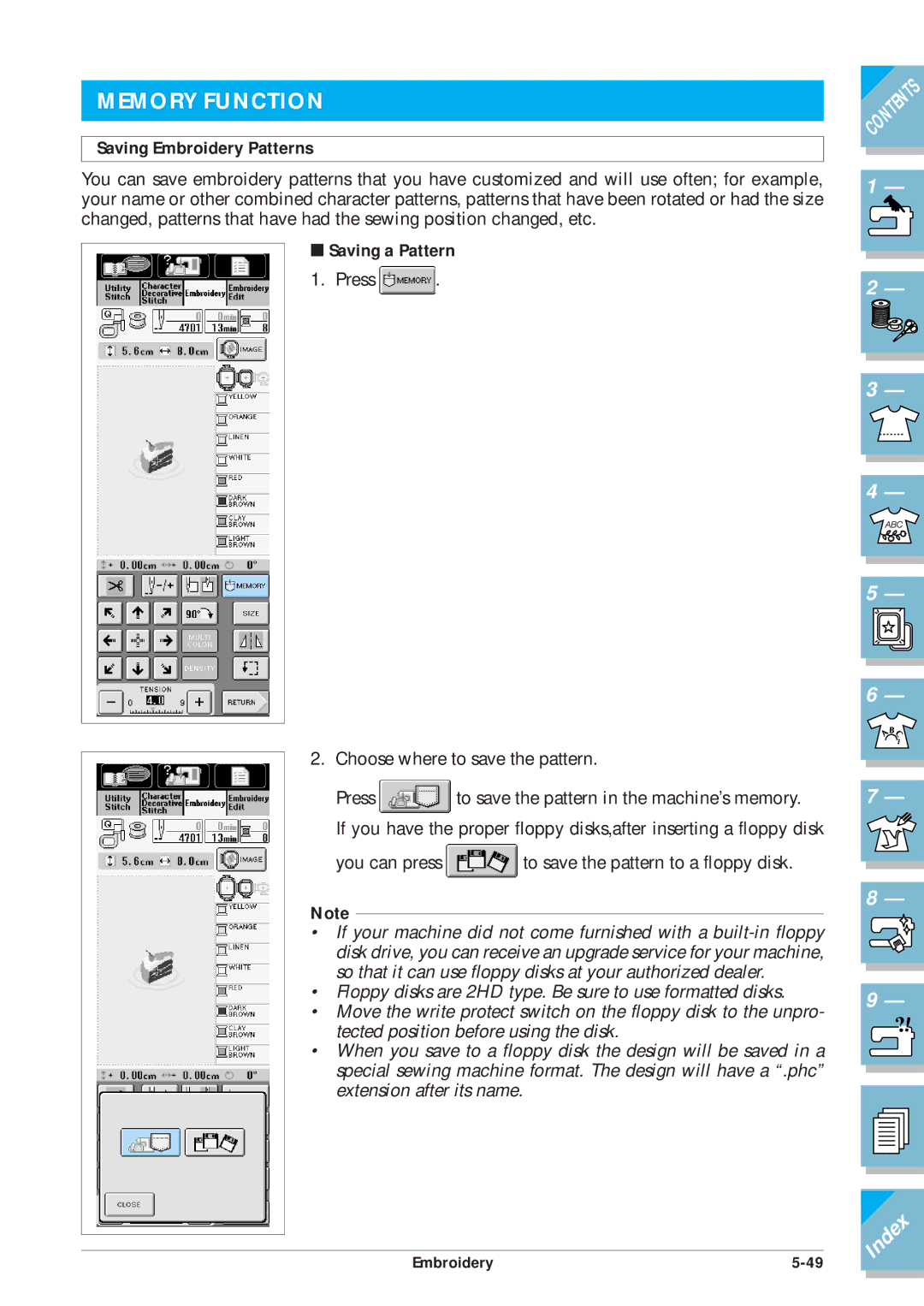 Brother ULT2001 operation manual Memory Function, Saving Embroidery Patterns, Saving a Pattern 