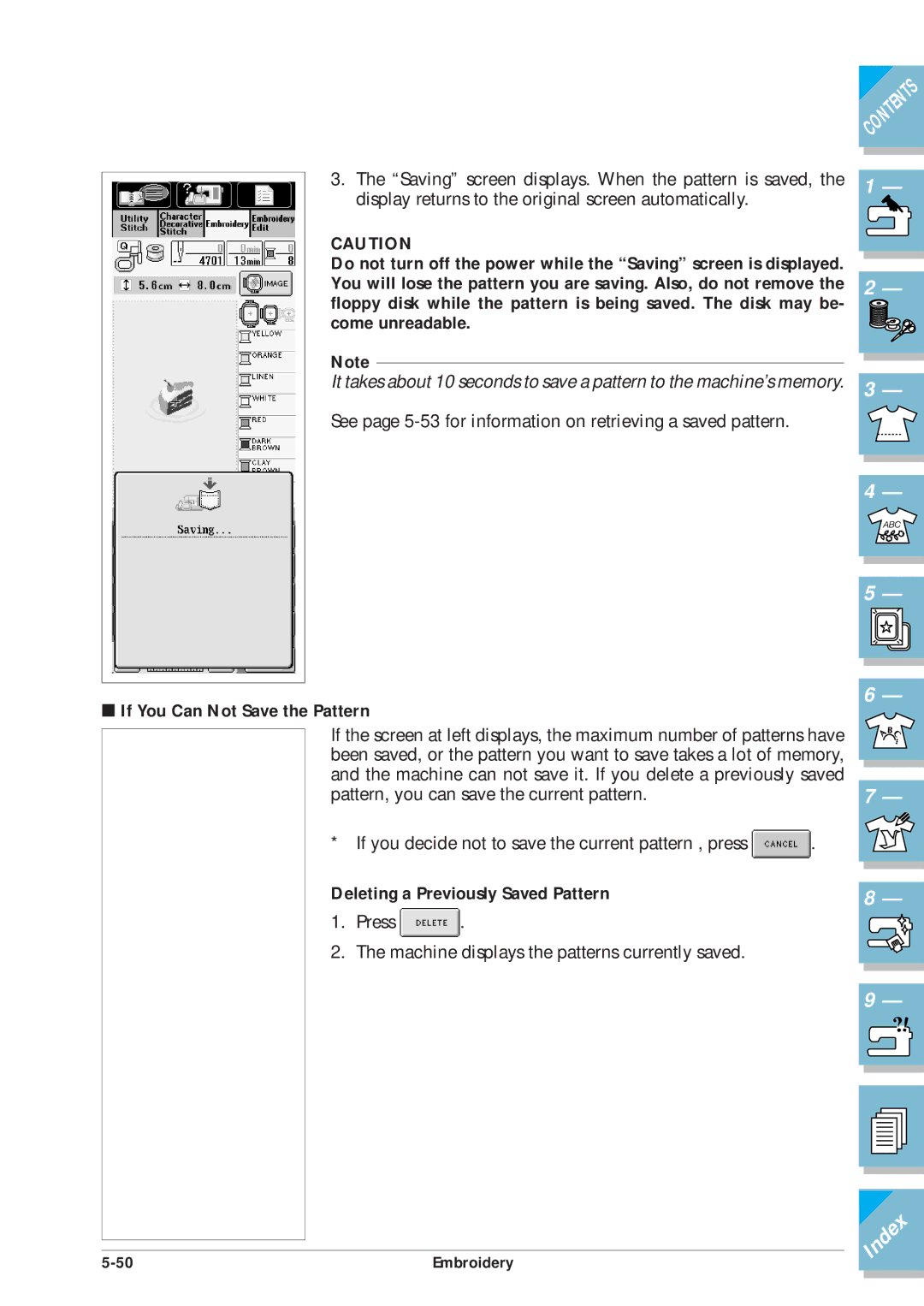 Brother ULT2001 operation manual If You Can Not Save the Pattern, Deleting a Previously Saved Pattern 