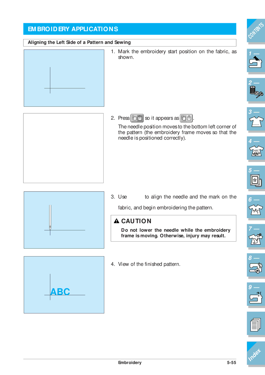 Brother ULT2001 operation manual Embroidery Applications, Aligning the Left Side of a Pattern and Sewing 