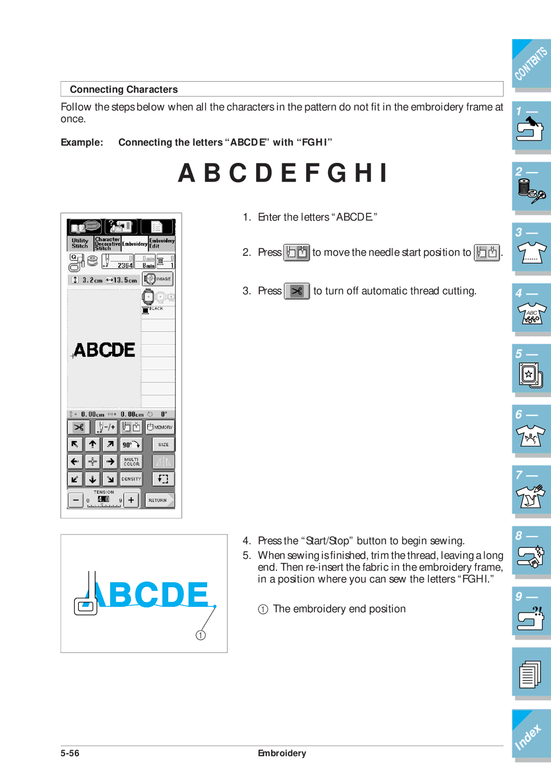 Brother ULT2001 operation manual Connecting Characters, Example Connecting the letters Abcde with Fghi 