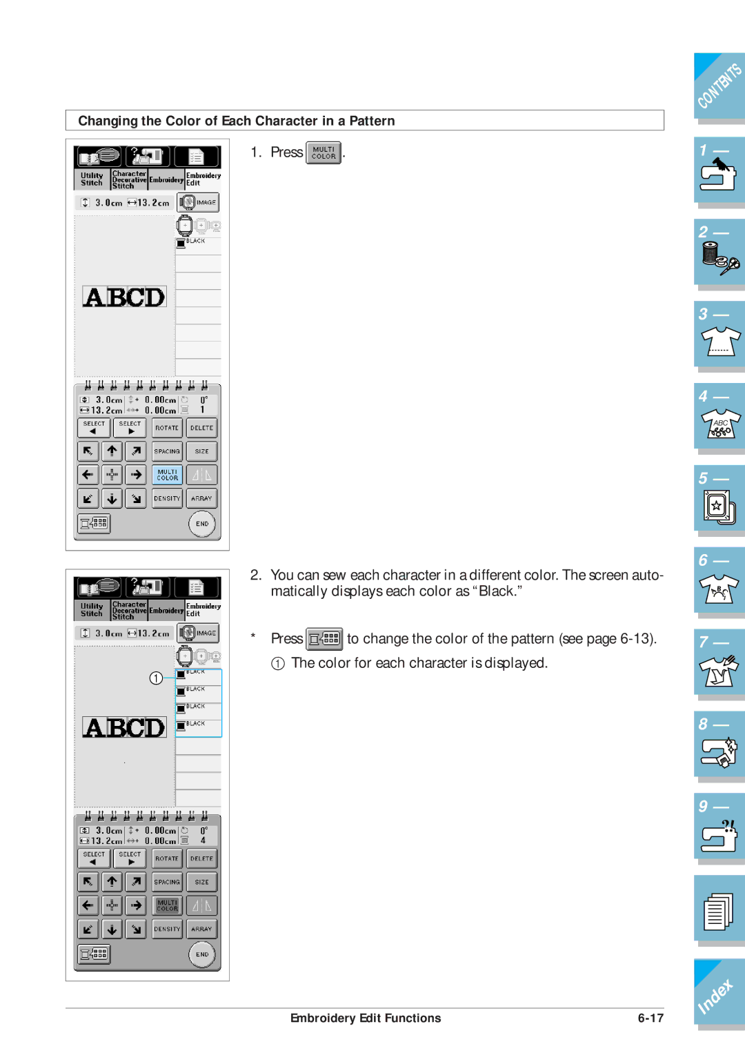 Brother ULT2001 operation manual Changing the Color of Each Character in a Pattern 