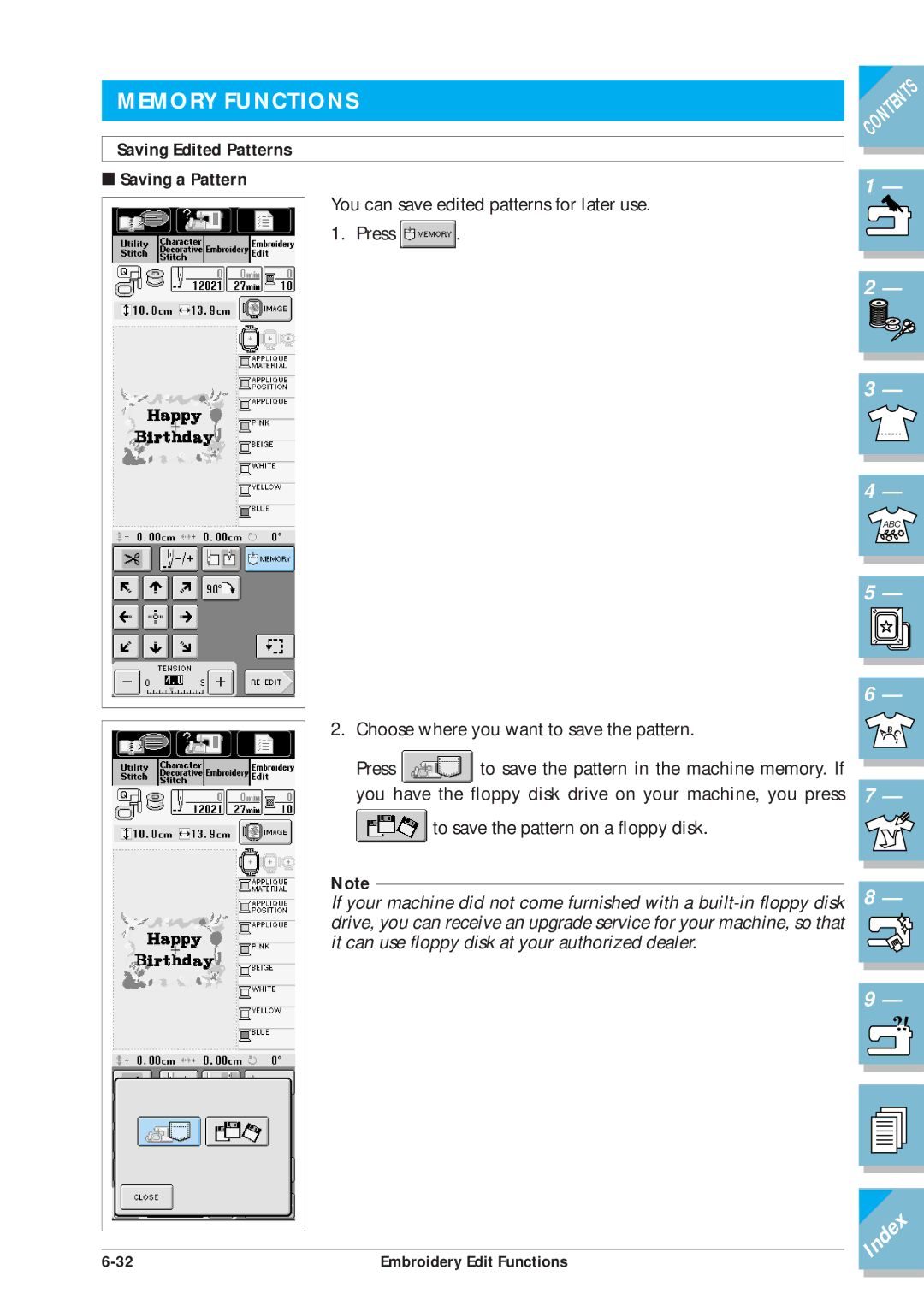 Brother ULT2001 operation manual Memory Functions, Saving Edited Patterns Saving a Pattern 