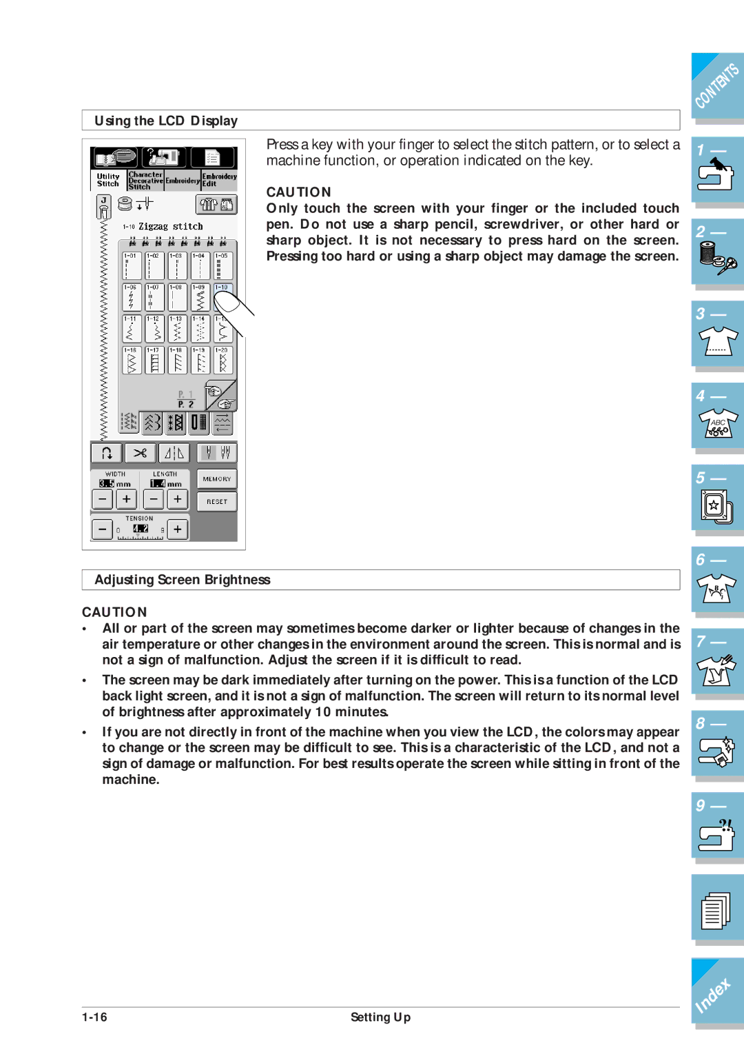 Brother ULT2001 operation manual Using the LCD Display, Adjusting Screen Brightness 