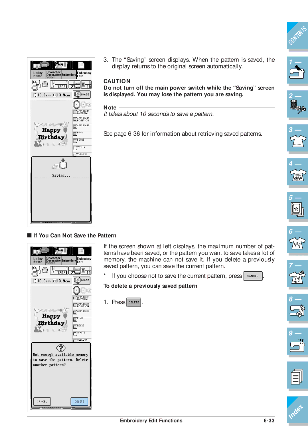 Brother ULT2001 operation manual If You Can Not Save the Pattern, To delete a previously saved pattern 