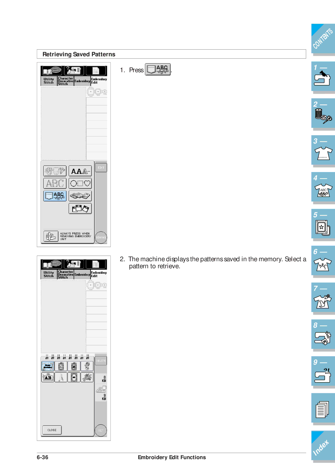 Brother ULT2001 operation manual Retrieving Saved Patterns 