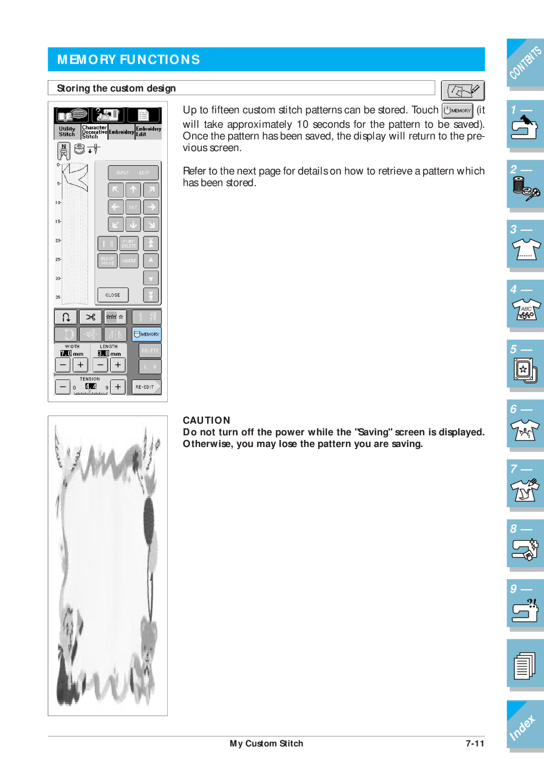 Brother ULT2001 operation manual Memory Functions, Storing the custom design 