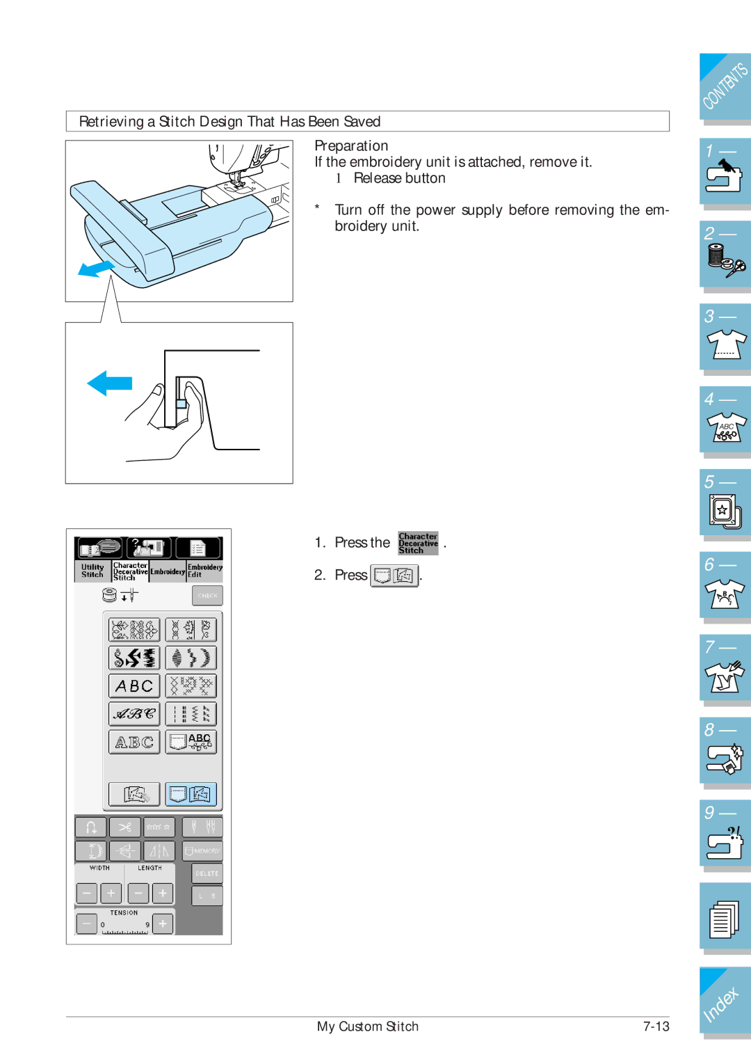 Brother ULT2001 operation manual Retrieving a Stitch Design That Has Been Saved Preparation 