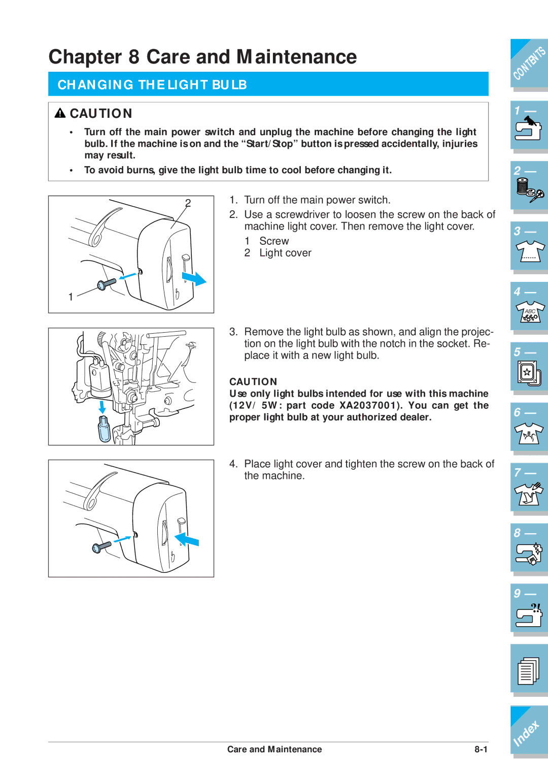 Brother ULT2001 operation manual Care and Maintenance, Changing the Light Bulb 