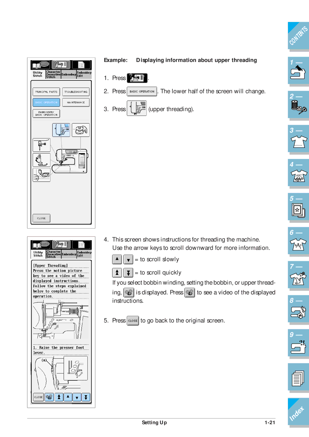 Brother ULT2001 operation manual Example Displaying information about upper threading 