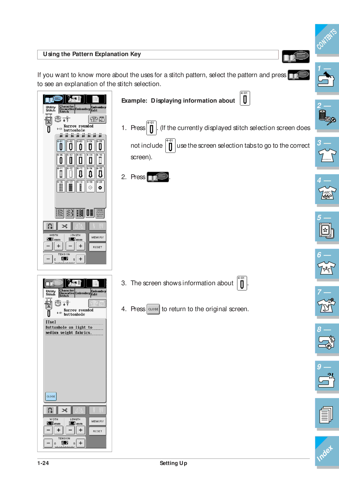 Brother ULT2001 operation manual Using the Pattern Explanation Key, Example Displaying information about 