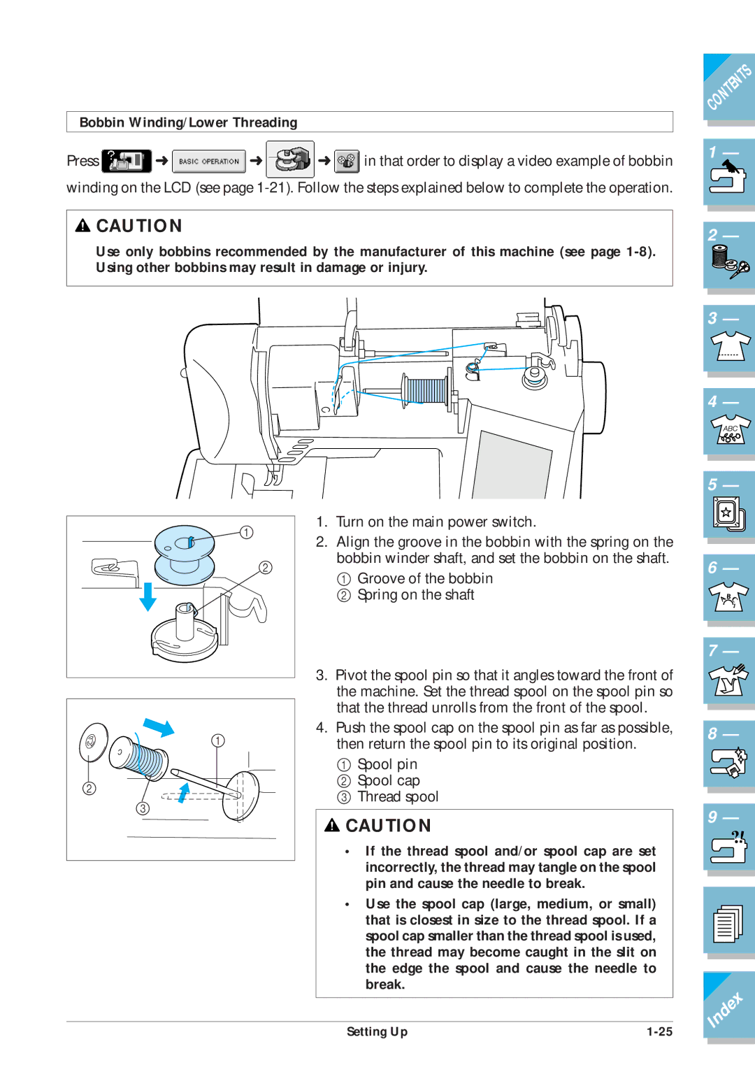 Brother ULT2001 operation manual Bobbin Winding/Lower Threading, Spool pin Spool cap Thread spool 