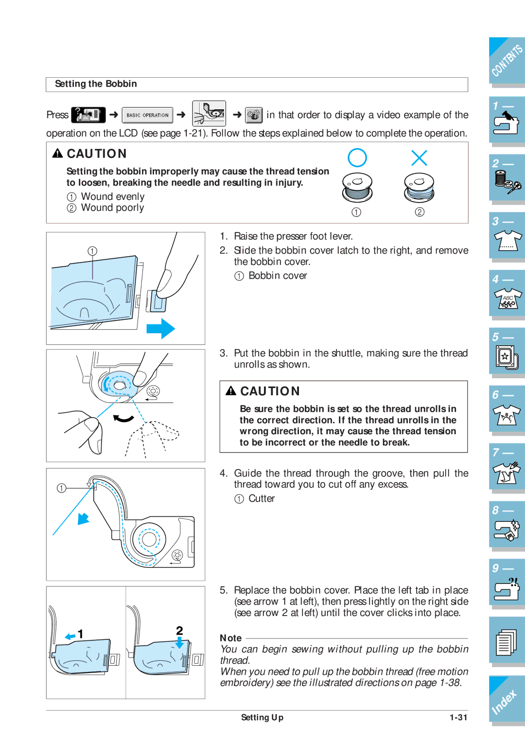 Brother ULT2001 operation manual Setting the Bobbin 