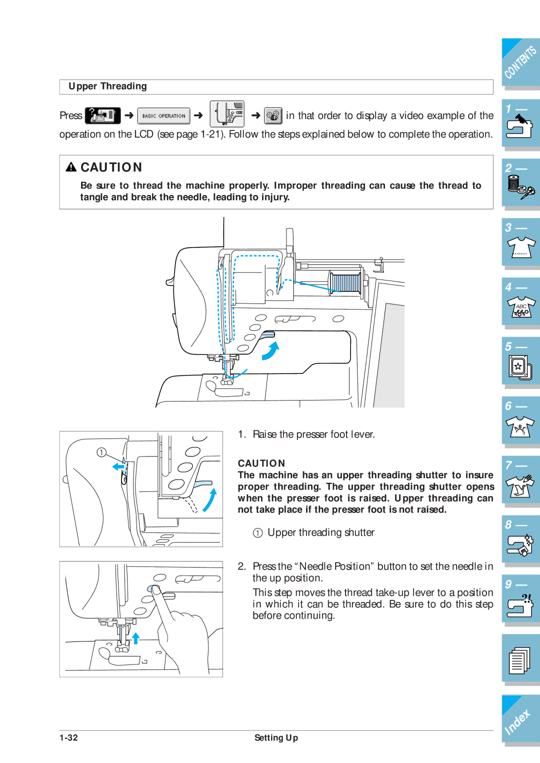 Brother ULT2001 operation manual Upper Threading, Raise the presser foot lever 