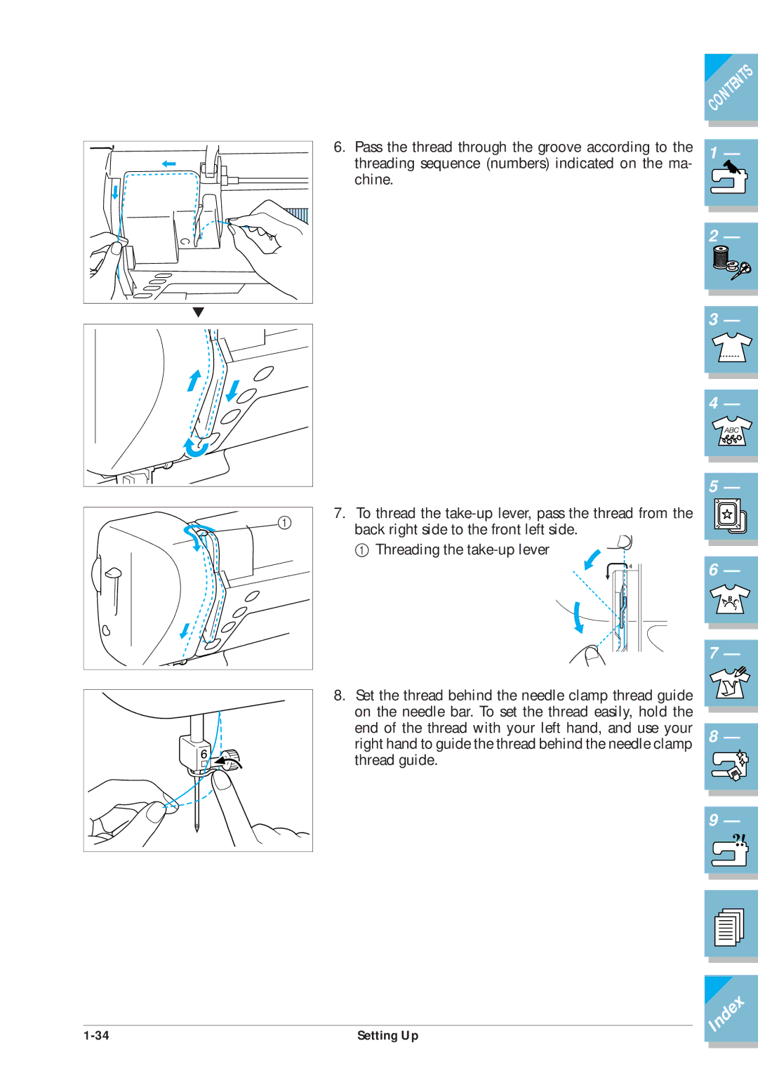 Brother ULT2001 operation manual Pass the thread through the groove according to 