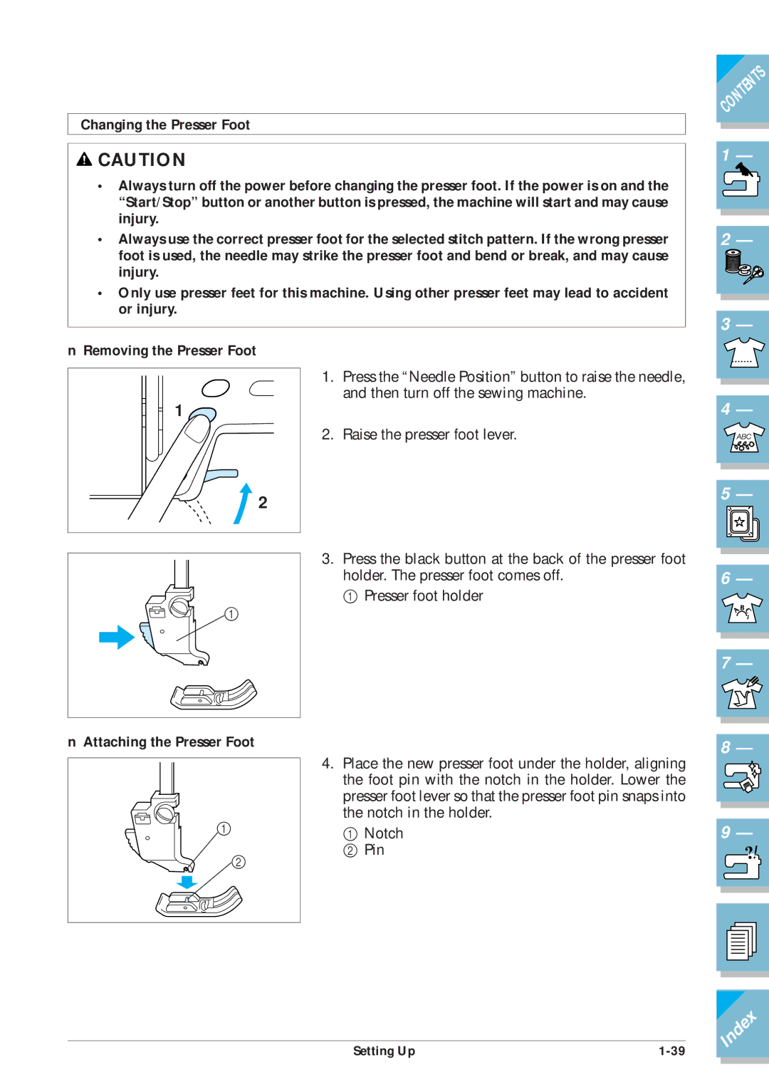 Brother ULT2001 operation manual Removing the Presser Foot, Attaching the Presser Foot 