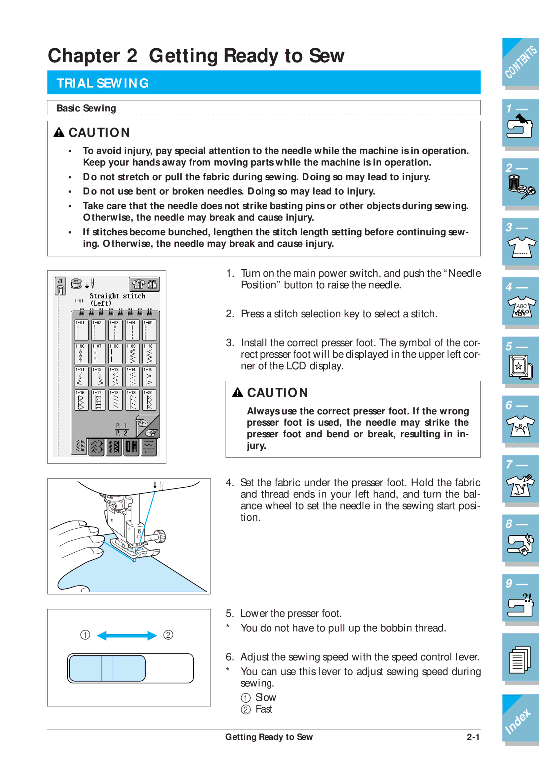 Brother ULT2001 operation manual Trial Sewing, Basic Sewing 