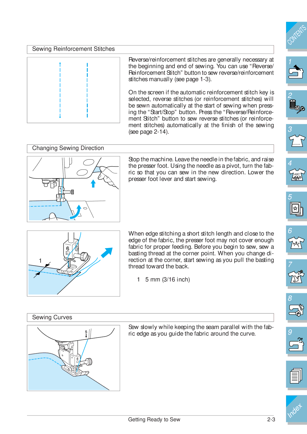 Brother ULT2001 operation manual Sewing Reinforcement Stitches, Changing Sewing Direction, Sewing Curves 