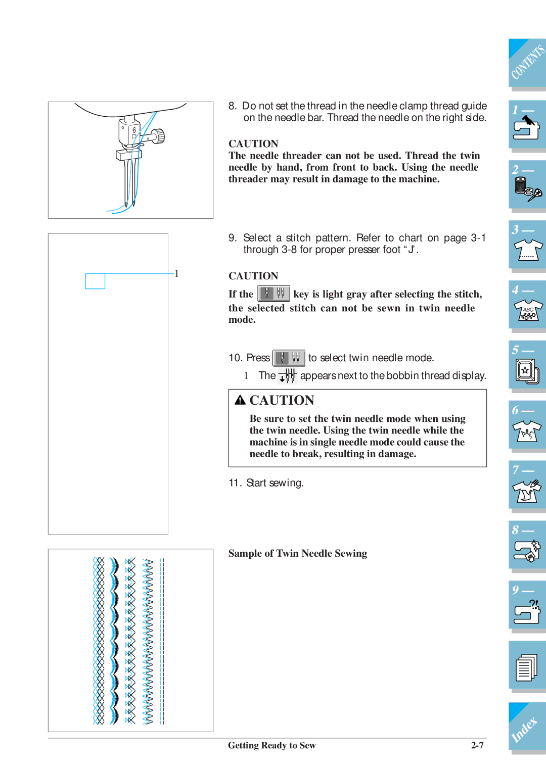 Brother ULT2001 operation manual Press To select twin needle mode, Sample of Twin Needle Sewing 