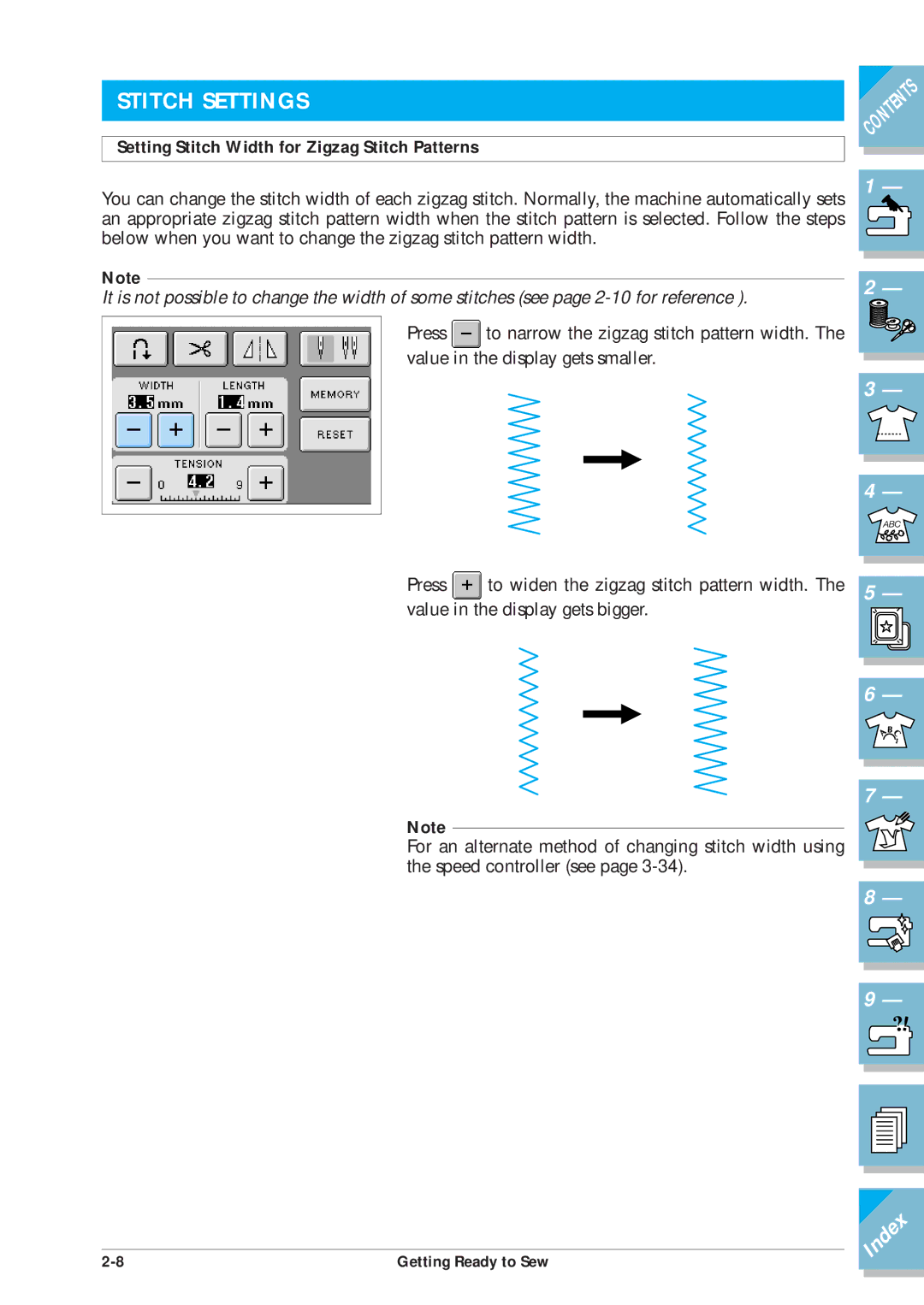 Brother ULT2001 operation manual Stitch Settings, Setting Stitch Width for Zigzag Stitch Patterns 