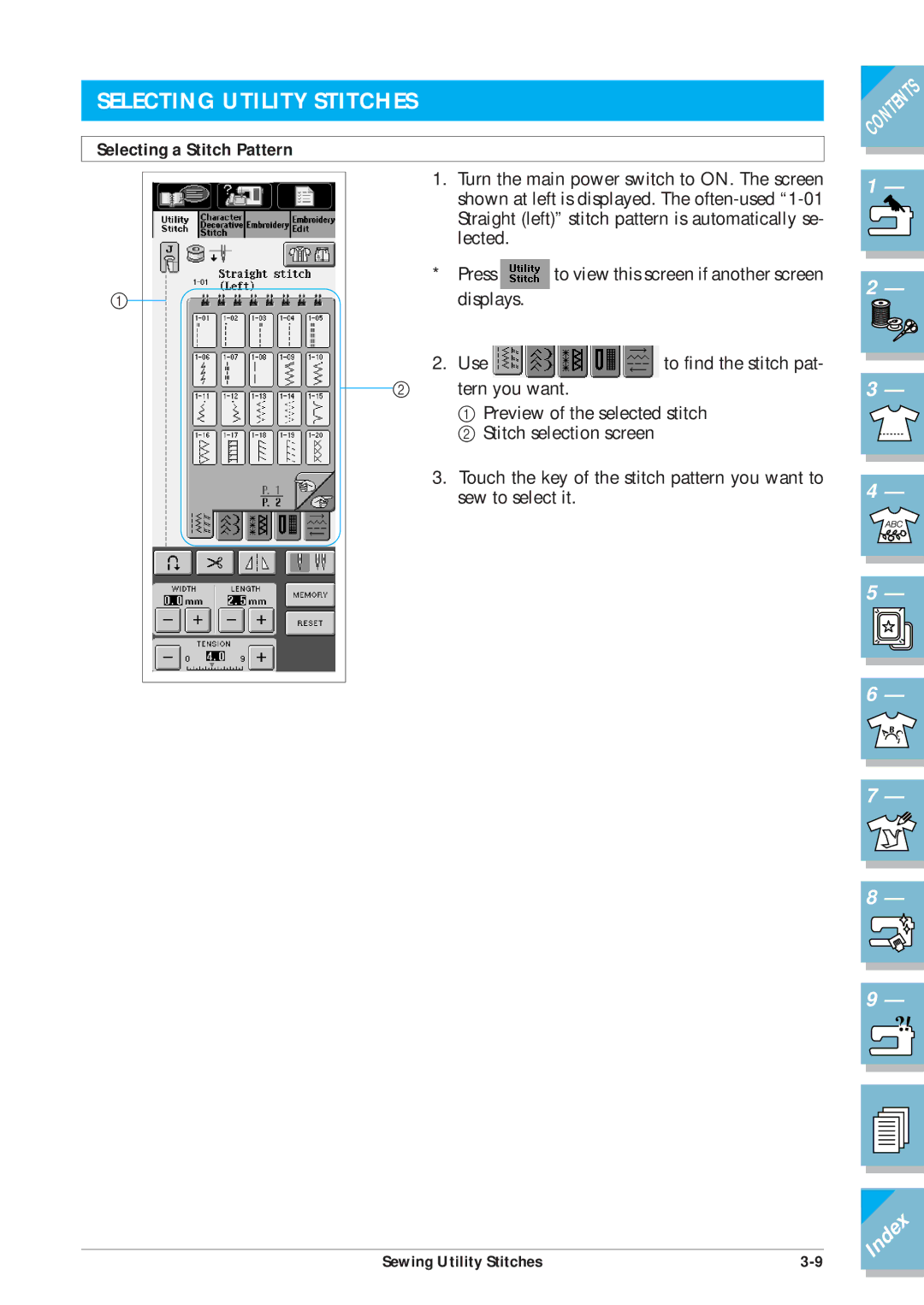 Brother ULT2001 operation manual Selecting Utility Stitches, Selecting a Stitch Pattern 