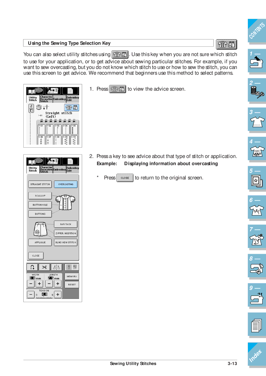 Brother ULT2001 operation manual Using the Sewing Type Selection Key, Example Displaying information about overcasting 