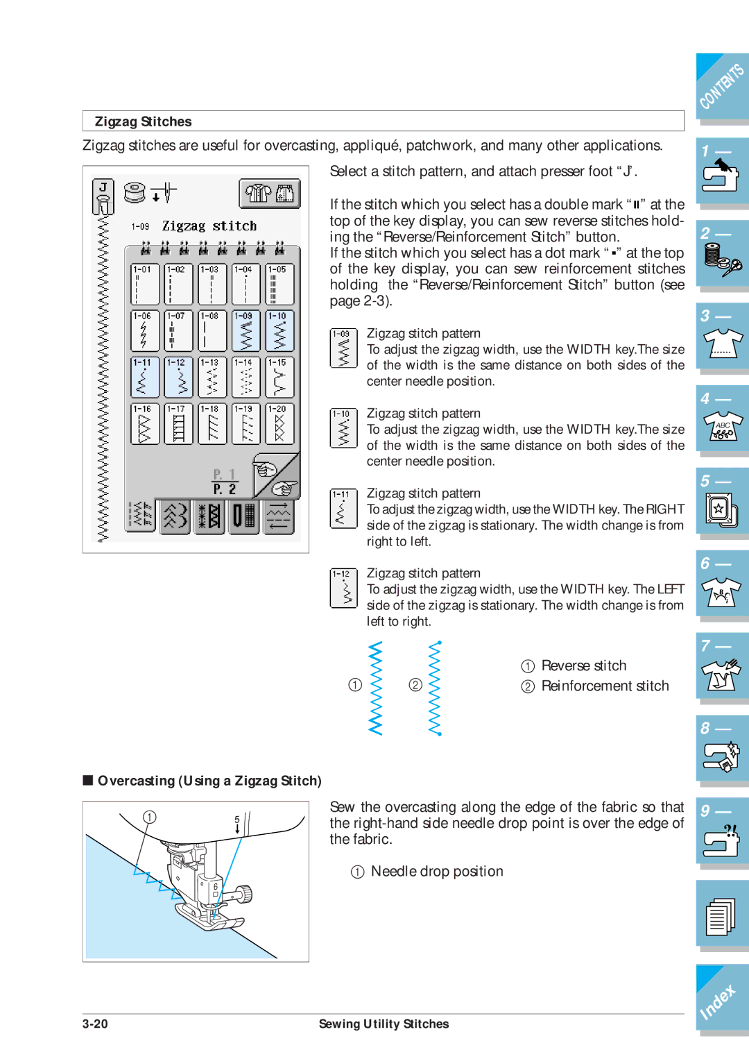 Brother ULT2001 operation manual Zigzag Stitches, Overcasting Using a Zigzag Stitch 