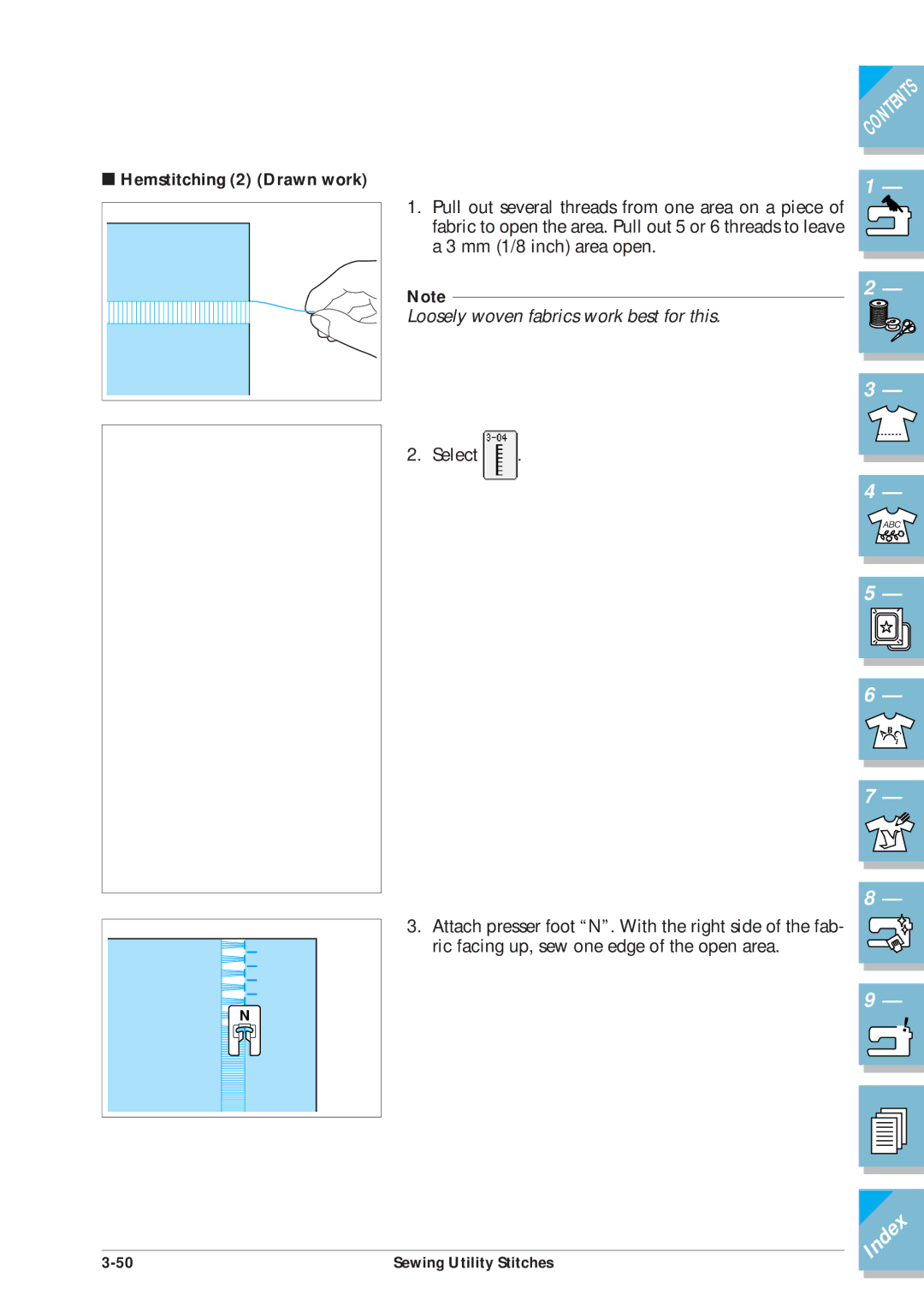 Brother ULT2002D operation manual Hemstitching 2 Drawn work, Loosely woven fabrics work best for this 